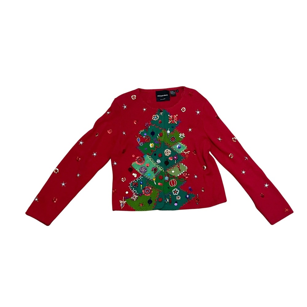 Michael Simon Vintage 1999‎ Women's M Christmas Tree Beaded Red Cardigan Sweater